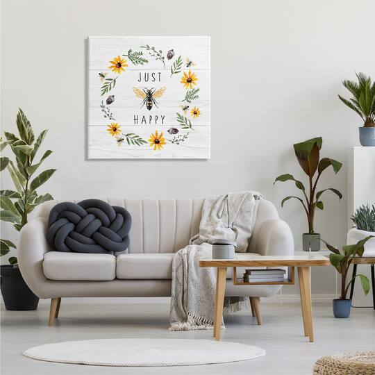 Stupell Industries Just Bee Happy Pun Phrase Yellow Daisy Wreath Canvas Wall Art